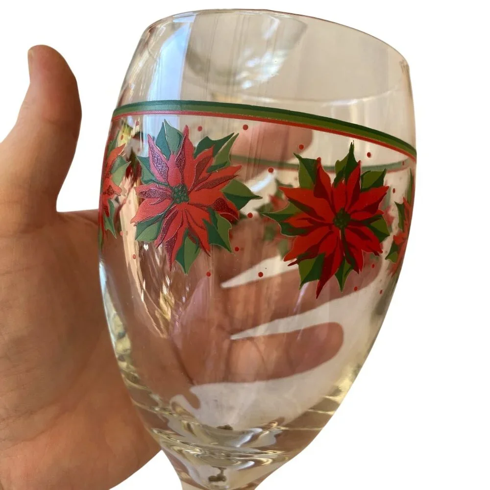 Vintage Libbey Christmas poinsettia glasses goblets wine water flower dinnerware